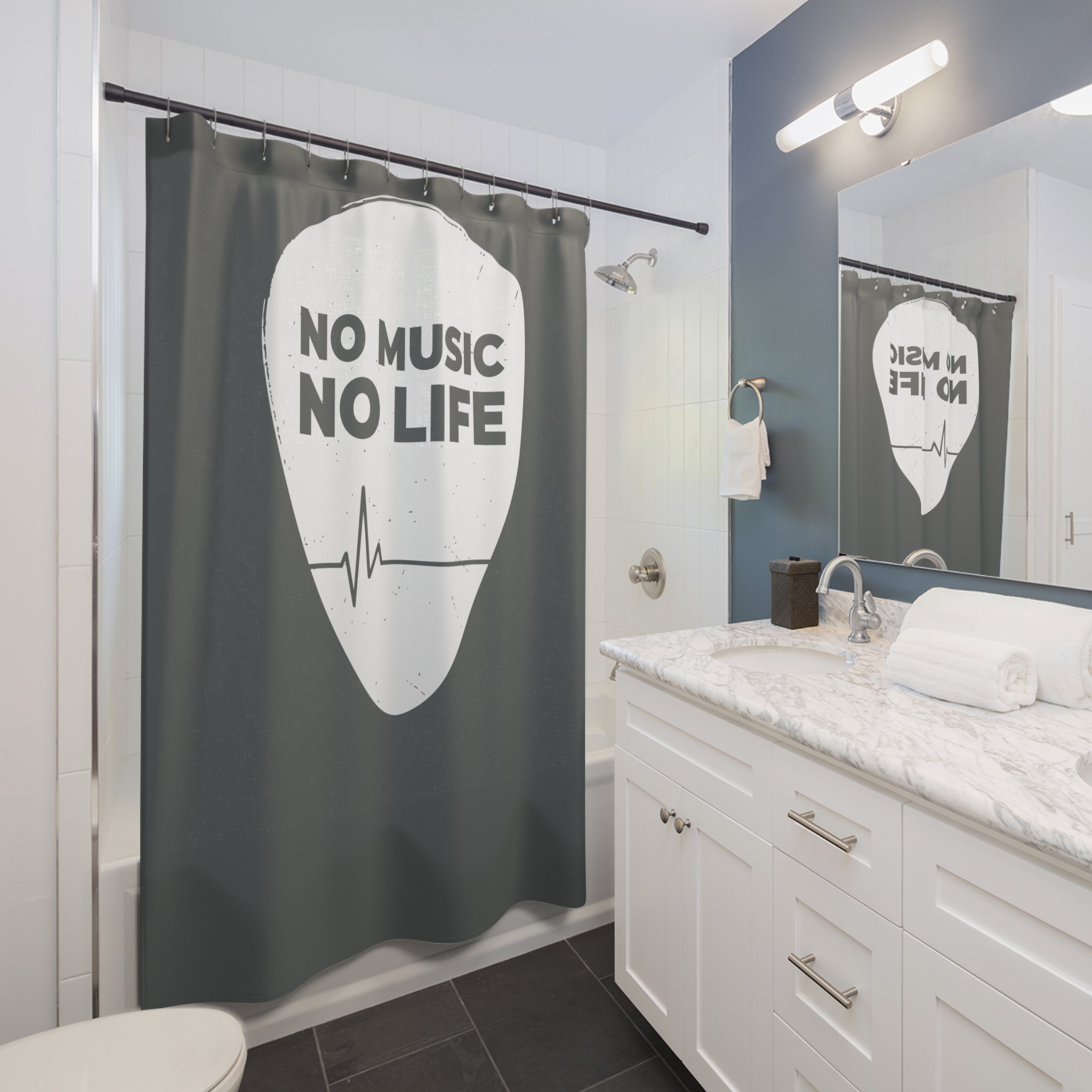 No Music No Life Shower Curtain — Guitar Pick Design with Heartbeat for Music Lovers - Image 1