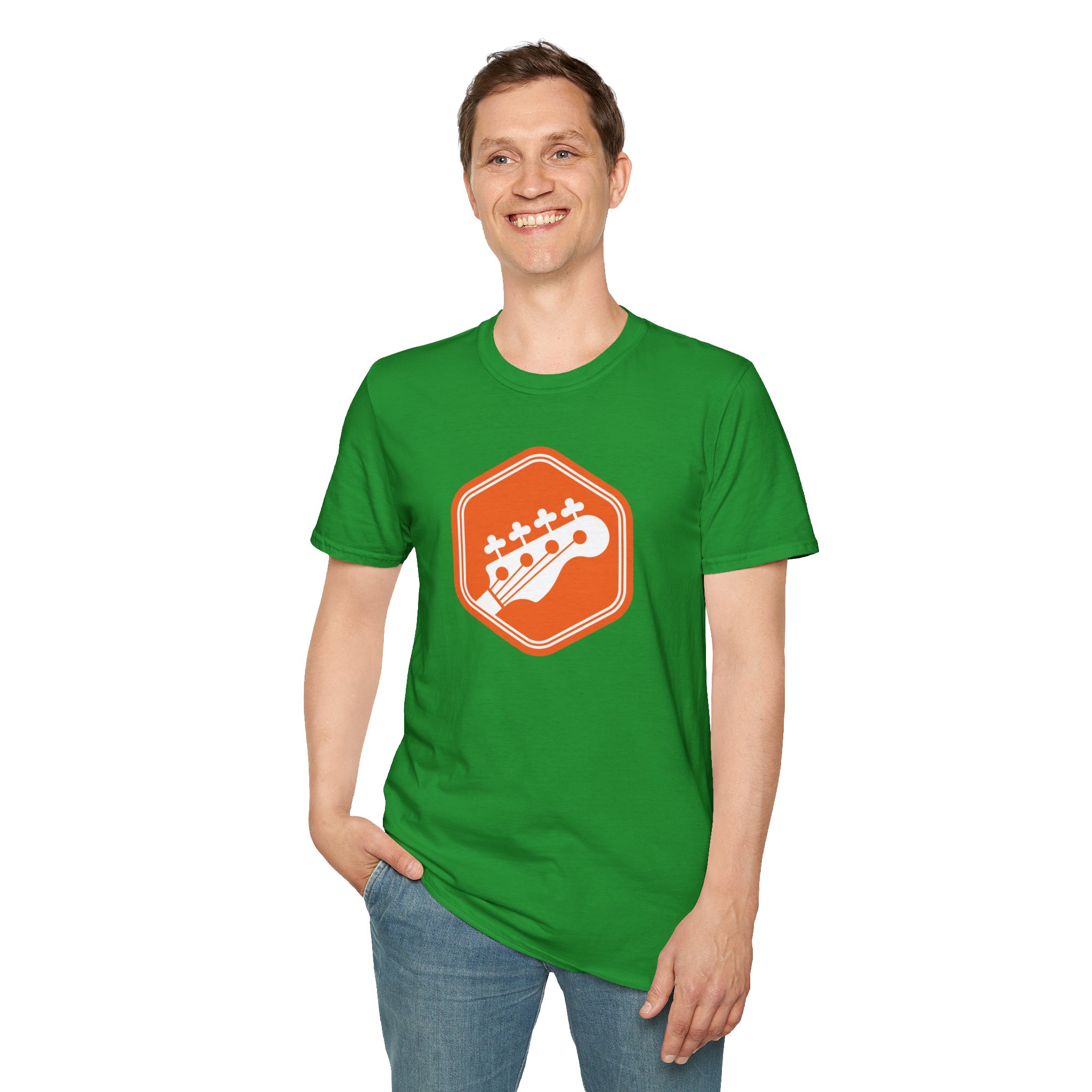 Orange Bass Guitar Badge T-Shirt — Retro Musician Tee for Bass Players - Image 72