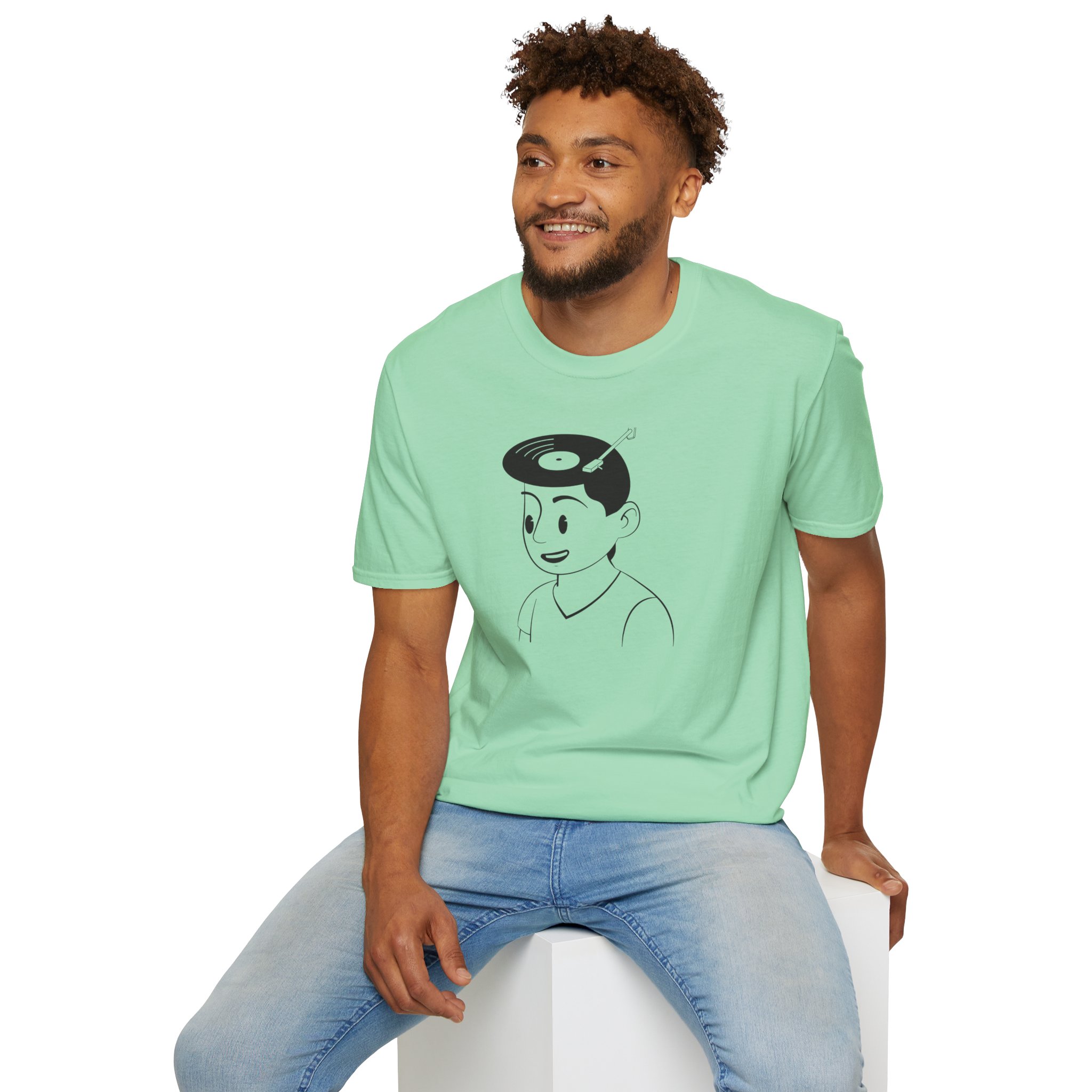 Retro Vinyl Head Illustration T-Shirt - Image 1
