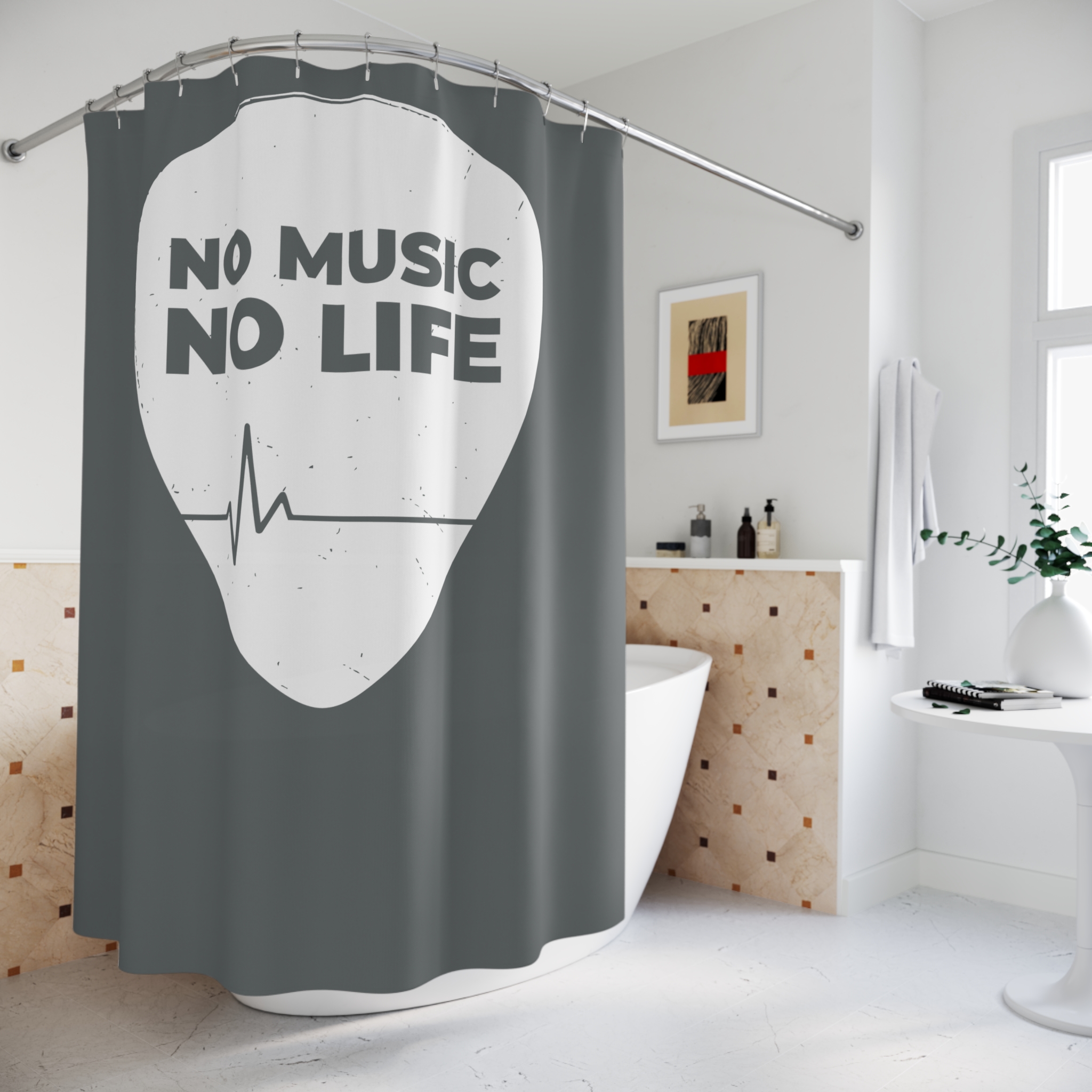 No Music No Life Shower Curtain — Guitar Pick Design with Heartbeat for Music Lovers - Image 4