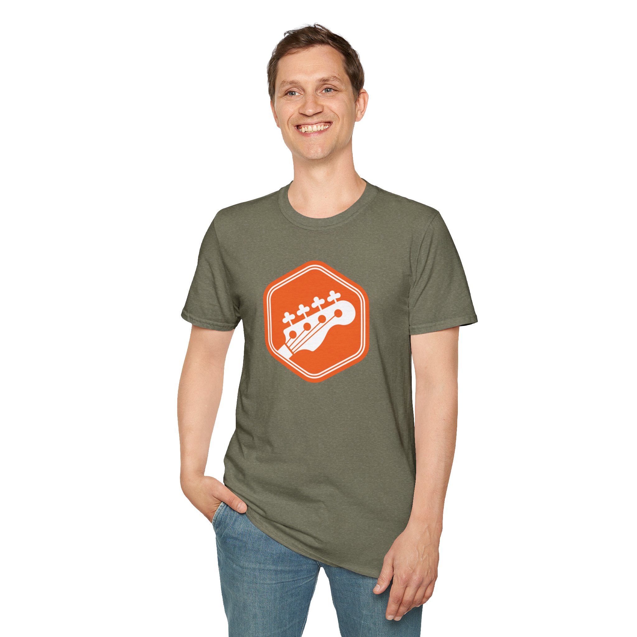 Orange Bass Guitar Badge T-Shirt — Retro Musician Tee for Bass Players - Image 1