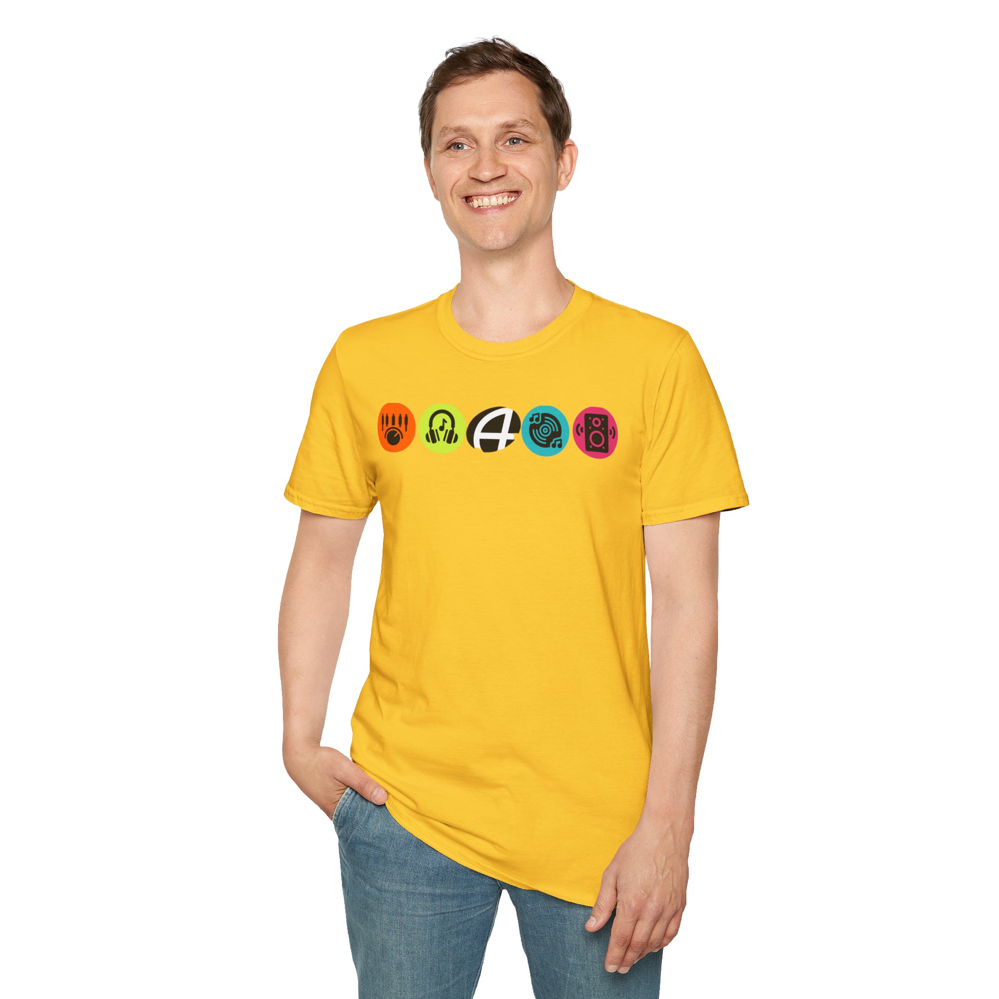 Music Icon Row T-Shirt — Colorful Band Equipment Graphic Tee - Image 51