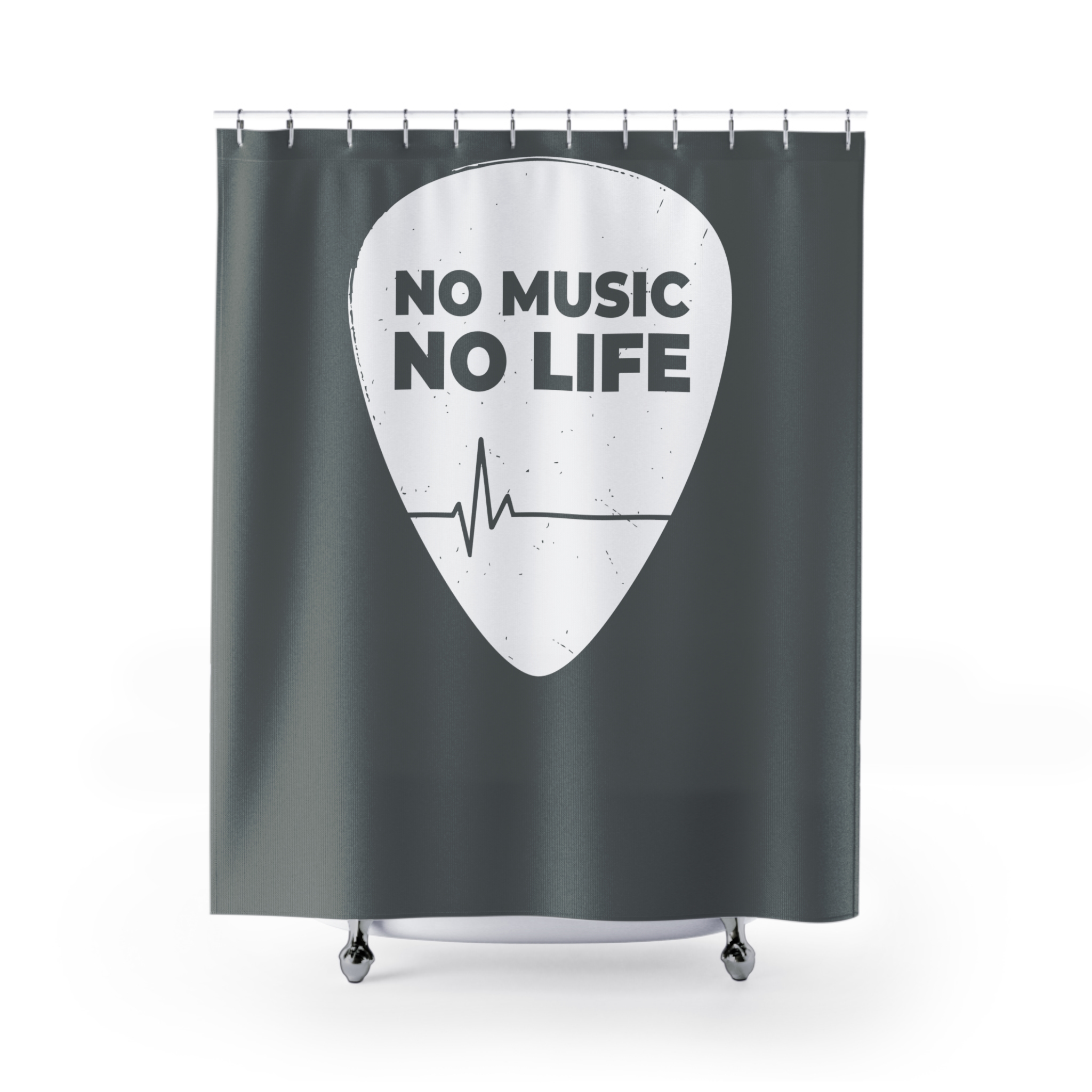 No Music No Life Shower Curtain — Guitar Pick Design with Heartbeat for Music Lovers - Image 2